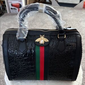 Black Croc-Embossed Satchel with Red & Green Stripe